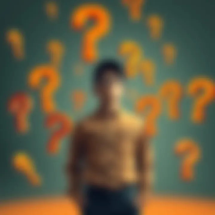 A person stands with a puzzled expression while surrounded by floating question marks, symbolizing uncertainty and confusion.