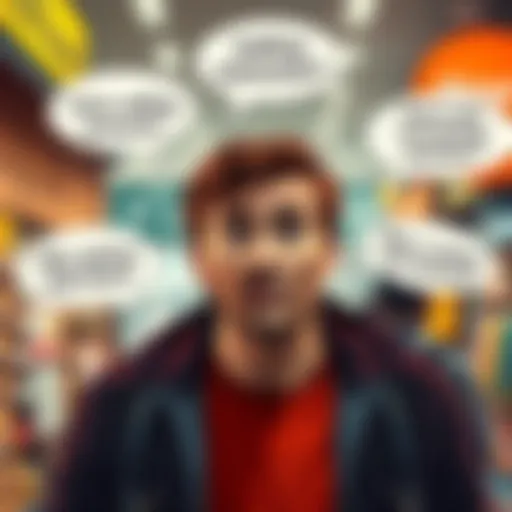 A person looking confused, surrounded by speech bubbles showing messages related to local merchants and selling practices.