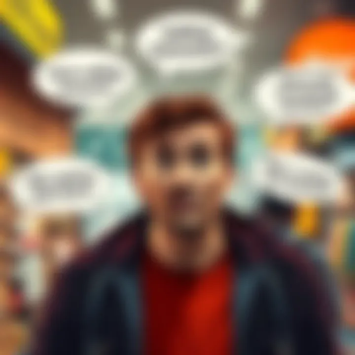 A person looking confused, surrounded by speech bubbles showing messages related to local merchants and selling practices.