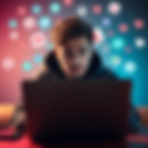 A person looking frustrated while using a laptop, surrounded by dating app icons