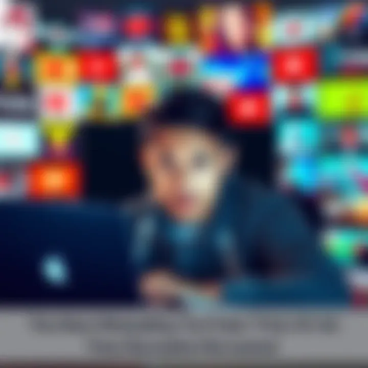 A person with a puzzled expression watches a YouTube video on a laptop, surrounded by colorful thumbnails of misleading video titles.