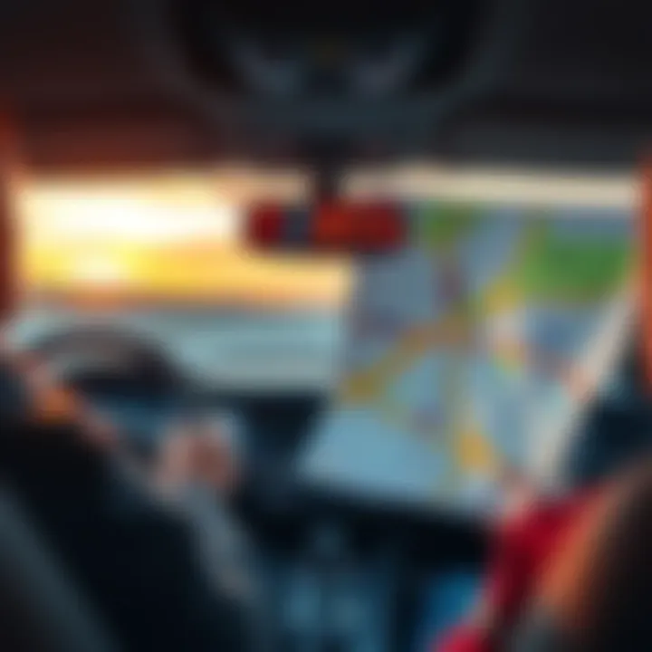 Driver looking at a confusing highway map while driving, showing vague directions and unclear routes