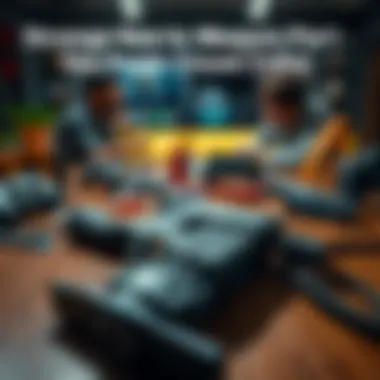 A close-up of an unidentifiable weapon part lying on a wooden table, surrounded by game-related items, with people discussing its purpose in the background.