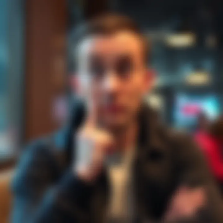 Individual with a puzzled look, hand on chin, symbolizing hesitation and contemplation, possibly in a casual conversation setting