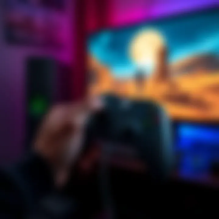 A gamer holding an Xbox controller with a connected PC displaying Sands of Time on the screen