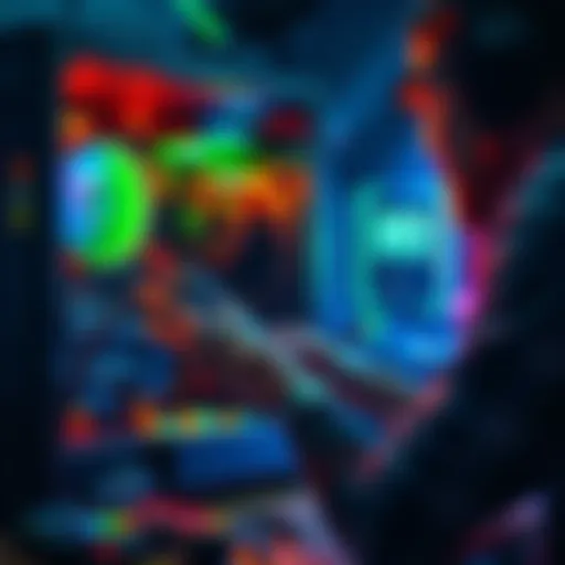 Person connecting a graphic card A person installing a new 5090 graphic card into a gaming PC with tools nearby