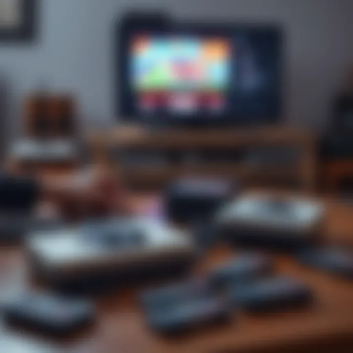 A person setting up classic game consoles on a table, with vintage cartridges scattered around and a TV in the background showing a retro game screen.