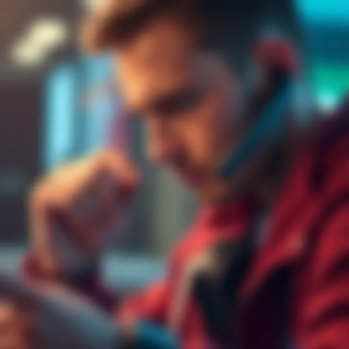 A person connecting a Pulse headset to a device while looking focused on the task