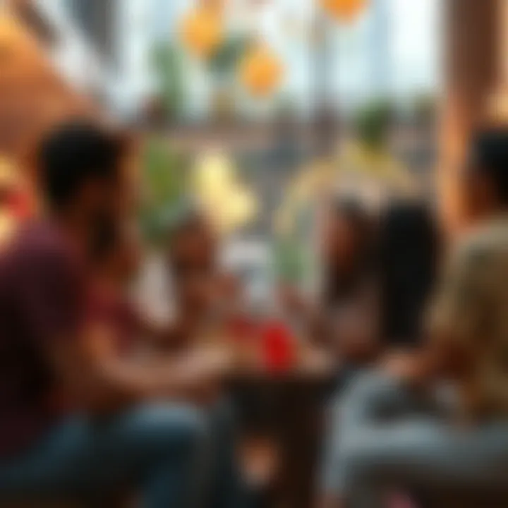 A group of diverse people enjoying a modern gathering space, surrounded by lively decor and engaging in conversations, highlighting connectivity and community.