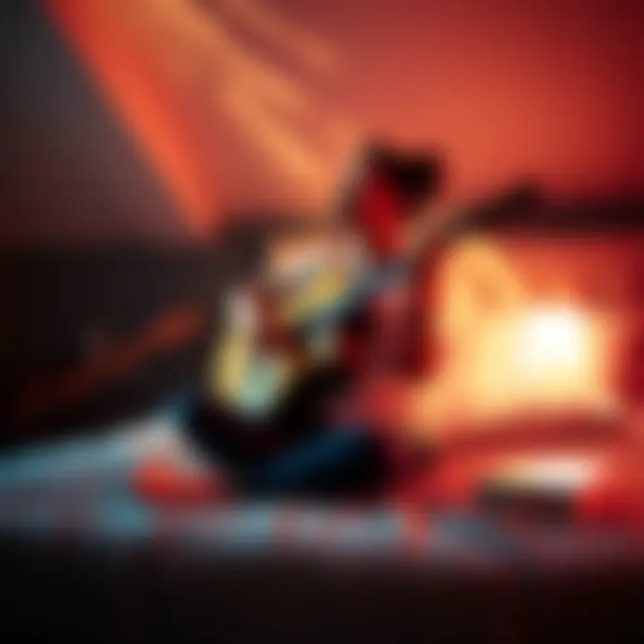 A person sitting on a bed, holding a guitar and looking contemplative, surrounded by warm light, reflecting on themes of connection and longing in music.