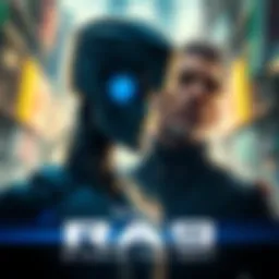 Connor, an android with a blue LED, stands face to face with Marcus, who has a determined look, in a futuristic city setting.