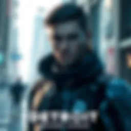 Digital art of Connor, an android character in a futuristic city setting, showcasing his determined expression and CyberLife logo on his clothing.