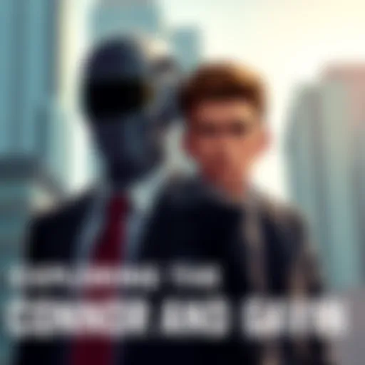 Connor, a well-dressed android, stands shoulder to shoulder with Gavin, a young man with a skeptical expression, symbolizing their complex partnership. They face forward against a city backdrop, sugge...