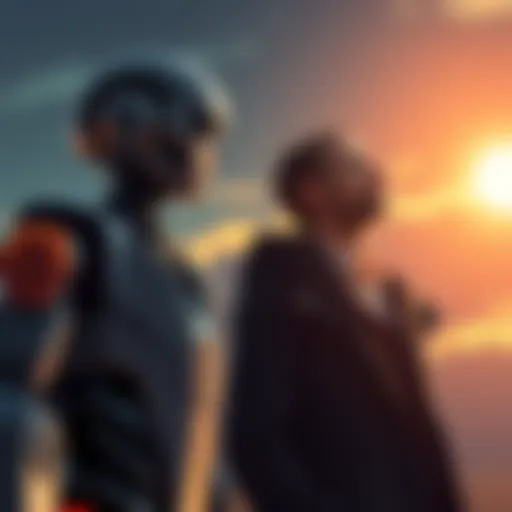 Connor, a humanoid robot, and Hank, a detective, share a moment as they look towards a bright future, symbolizing their bond as father and son.