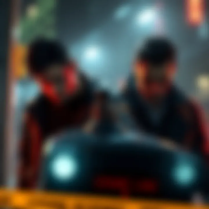 Two characters from a video game, one investigating a crime scene and the other concealing evidence, showing their dual roles in a morally complex narrative.