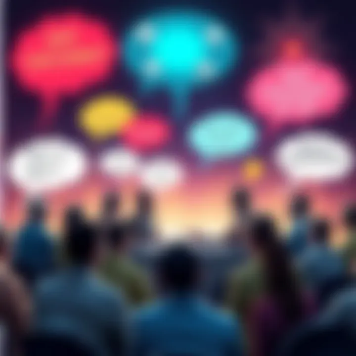 A group of people engaged in a lively debate about consciousness with thought bubbles illustrating various ideas