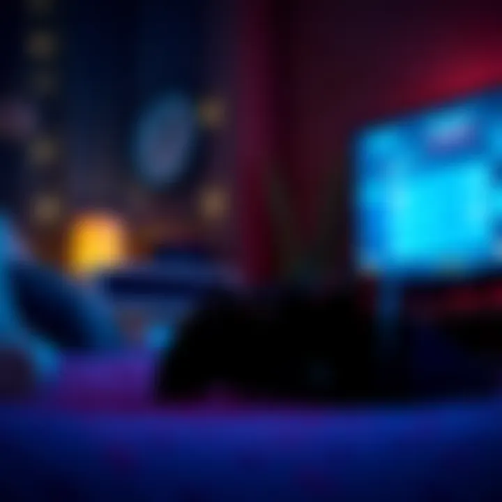 A gaming console glowing with lights, connected to a TV, showing download progress on the screen, with a cozy bedroom setting in the background.