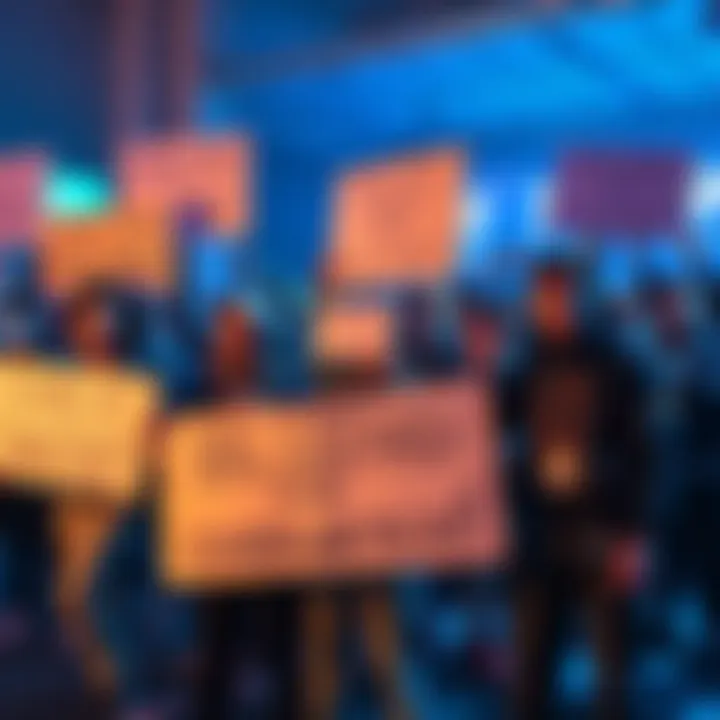 A group of console gamers expressing frustration over Blizzard's support for Overwatch, holding signs and banners calling for better engagement.