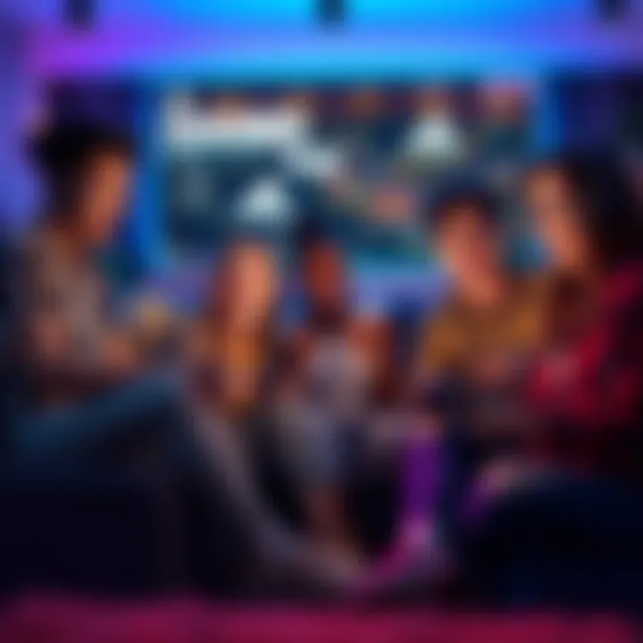 Group of friends playing video games on a couch with a console, showing excitement and engagement in a fun gaming atmosphere.