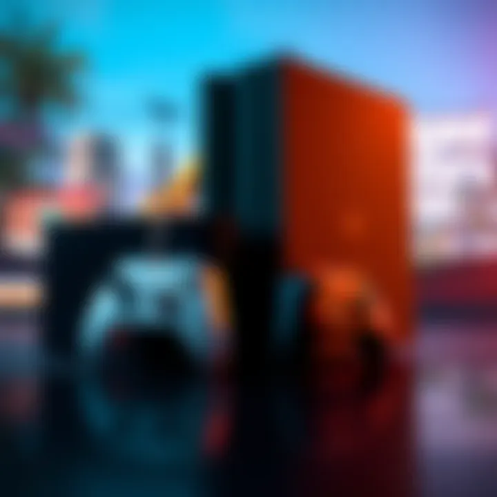 A visual comparison of Xbox and PlayStation consoles with GTA6 game cover in the background