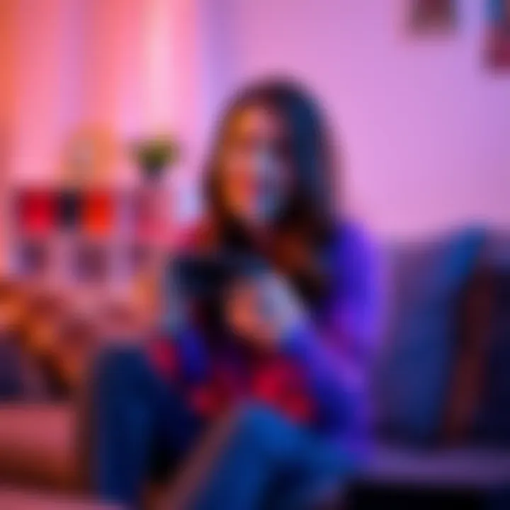 A woman sitting on a couch holding a gaming controller, smiling while playing video games. A game console is visible nearby. She's looking for a gaming partner to team up with her.