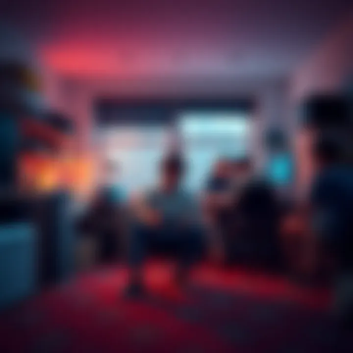 Console Gamer Feeling Isolated A college student sits alone in a dorm room, playing on a PS5, while a group of peers gather around a PC, displaying a sense of social isolation.