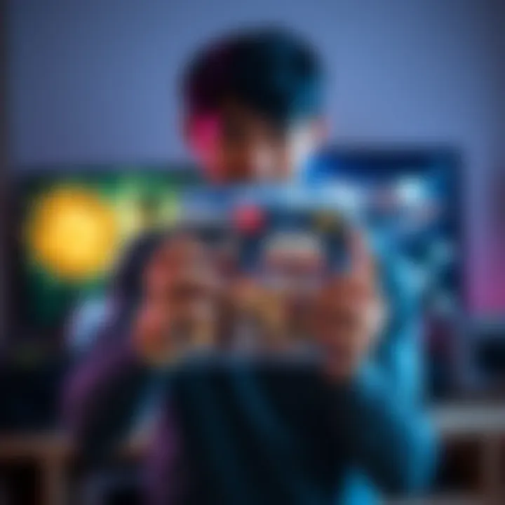 A console gamer proudly displays a physical game case in front of a gaming setup with a console and TV.