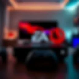 Logos of Rockstar, EA, and Ubisoft on a gaming console in a living room setting