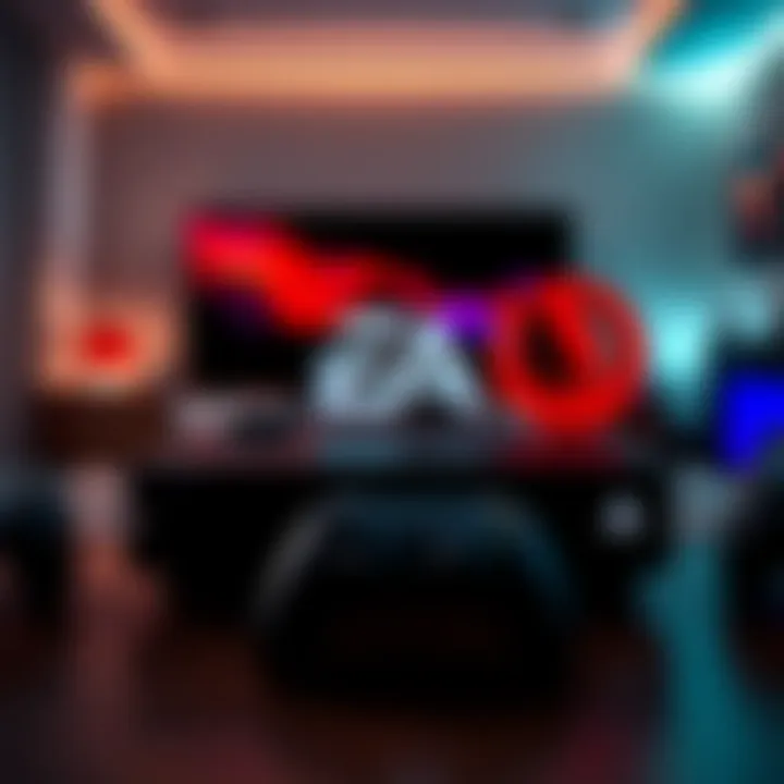 Logos of Rockstar, EA, and Ubisoft on a gaming console in a living room setting