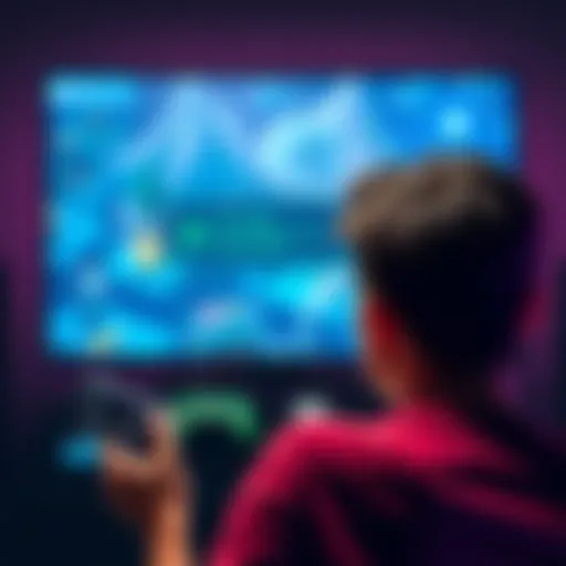 A frustrated player looking at a console with a game controller in hand, showing an error screen on the TV showing a failed quest notification.