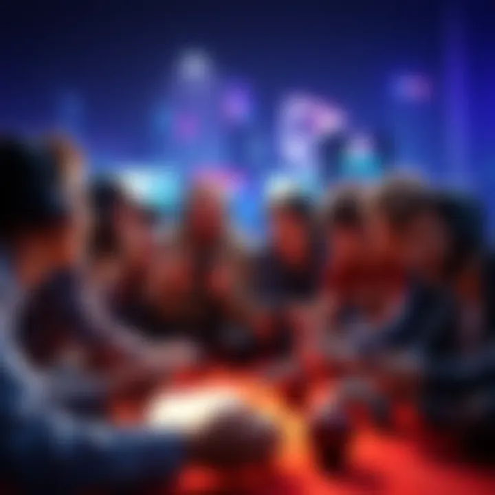 A group of excited gamers discussing new console release dates with gaming gear around them