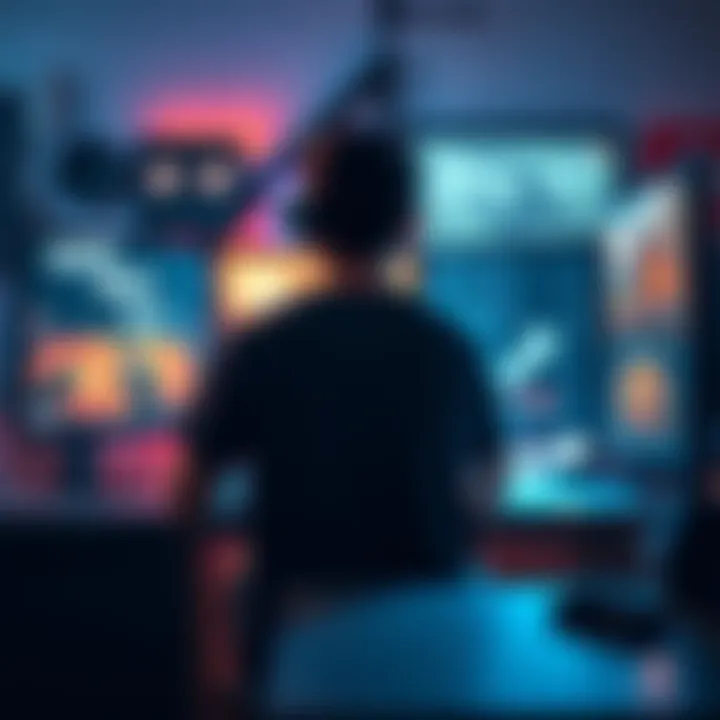 A gamer sitting at a PC with multiple screens showing survival horror and Metroidvania games during the Steam Summer Sale.