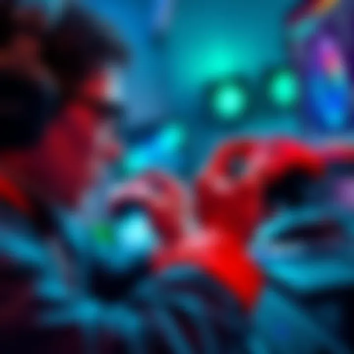 A gamer using a console controller on one side and a PC gamer with a mouse and keyboard on the other side, showcasing the two gaming styles in competition.