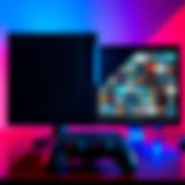 A split-screen image showing a console with disks on one side and a PC with a digital game library on the other side.