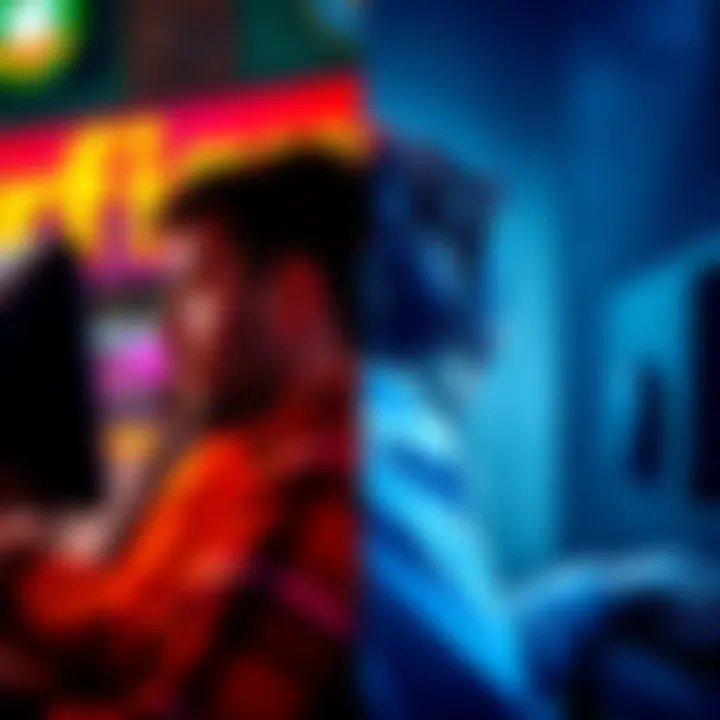 A split image showing a console gamer on one side and a PC gamer on the other, highlighting their differing setups and attitudes.