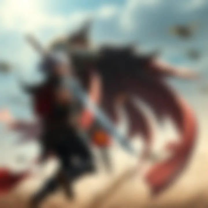 Consort Radahn using a large sword in a fierce battle stance against a player character, with visible attacks being telegraphed in the air.