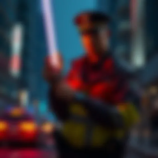 Constable with Electrified Nightstick A constable holds an electrified nightstick that glows, ready for use in a dark urban setting.
