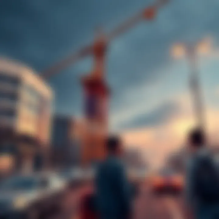 A large construction crane towering over a busy street, with frustrated residents looking on as traffic is delayed.