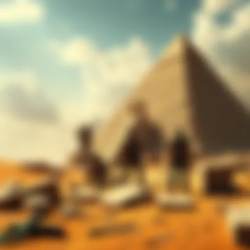 Ancient builders using tools to construct a pyramid in a desert setting