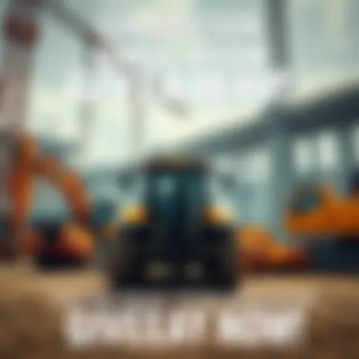 A construction site with heavy machinery, inviting participants to enter a giveaway for the Construction Simulator game.