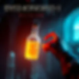A visual of a hand reaching for a glowing elixir bottle in the game Dishonored 1, with a shadowy background suggesting stealth gameplay.