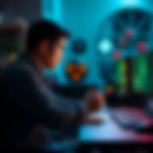 Person contemplating gaming options A person sitting at a desk, looking at a gaming console and a gaming PC, considering which to choose.