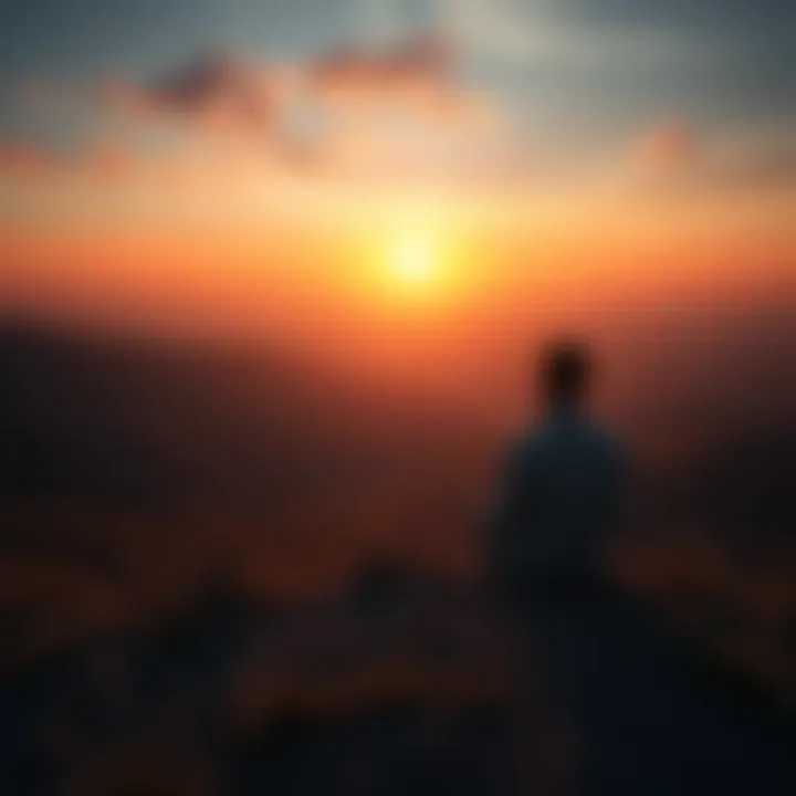 A person sitting on a hilltop at sunset, looking thoughtfully into the horizon, symbolizing reflection on faith and spirituality.