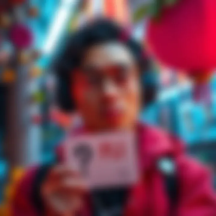 A content creator with a thoughtful expression, holding a question mark sign, inviting people to choose an item for a challenge, with colorful decorations in the background.