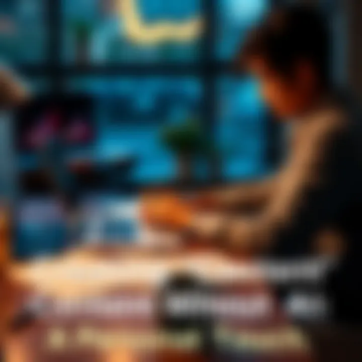 A content creator sitting at a desk, focused on writing on a laptop, surrounded by notes and coffee.