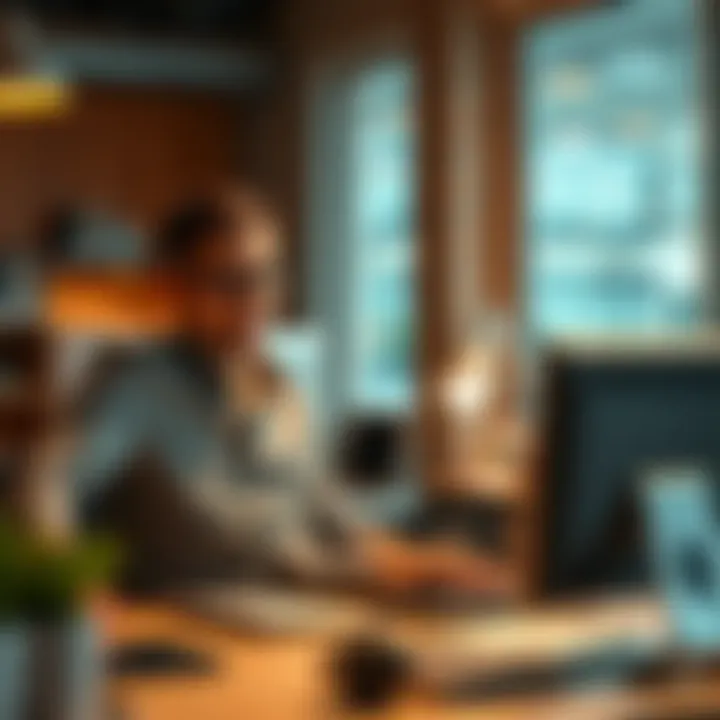 A satisfied person sitting at a desk in an office, smiling and looking at their computer, symbolizing job satisfaction.