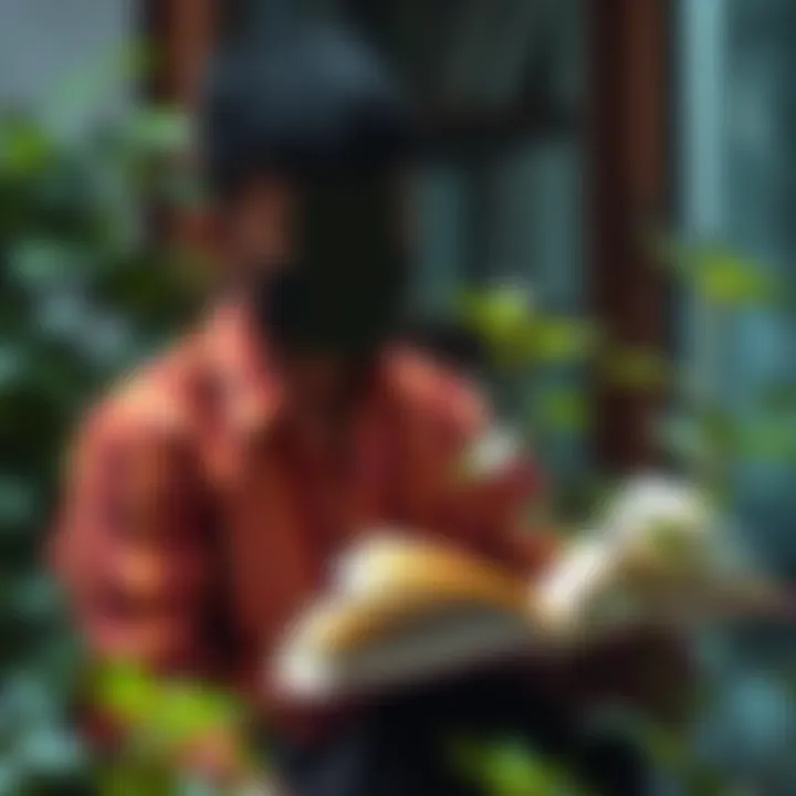 Individual engaged in reading a book while surrounded by greenery, symbolizing growth and learning.