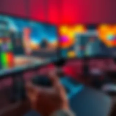 A person using one mouse and keyboard to control two computer screens showing different desktops simultaneously