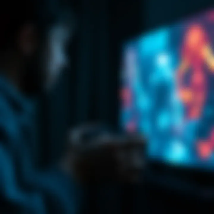 A player gripping a game controller, looking tense while playing a horror game with dark shadows and eerie visuals on the screen.