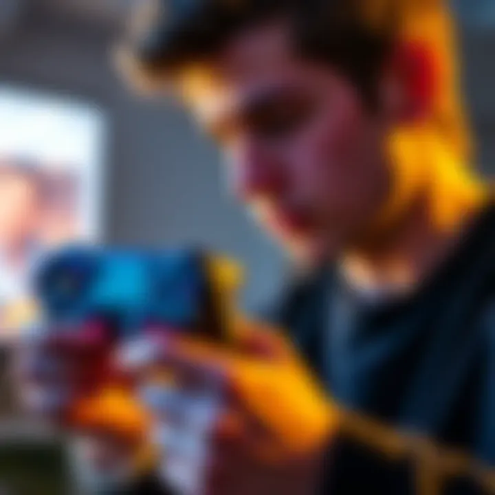 Person holding a game controller A beginner focused on aiming with a game controller, showing concentration and determination.
